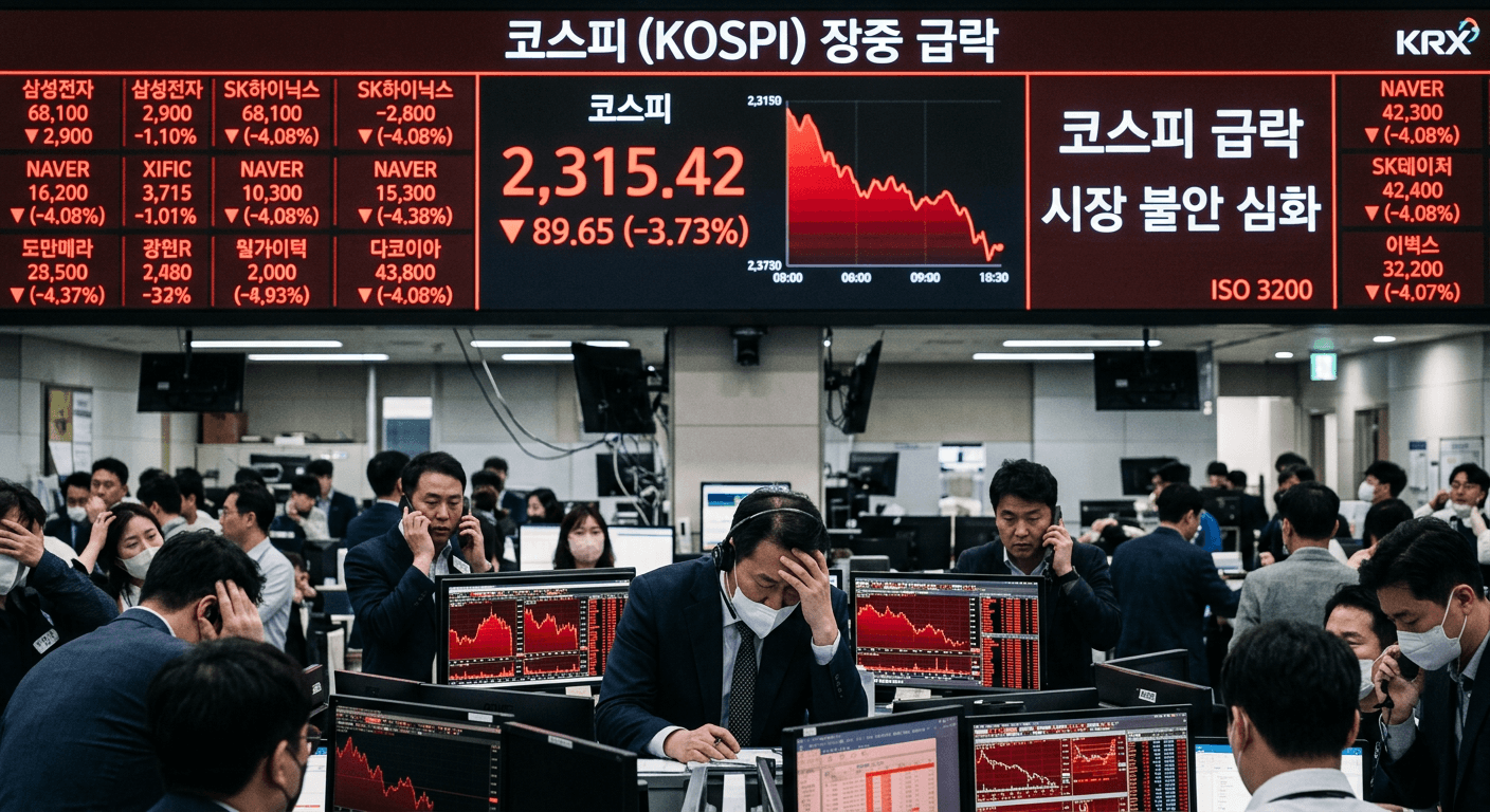 한국 증시 급락을 상징하는 현실적인 뉴스 사진 스타일, 거래 전광판과 하락 그래프, 긴장된 분위기
