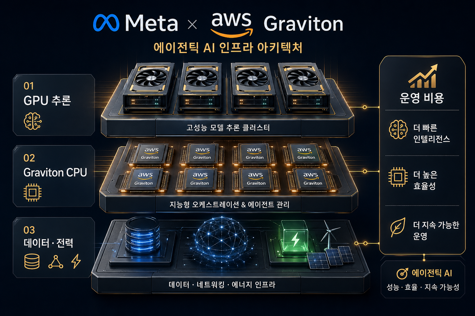 Meta와 AWS Graviton 협력에서 GPU, CPU, 데이터, 전력 계층이 함께 작동하는 구조