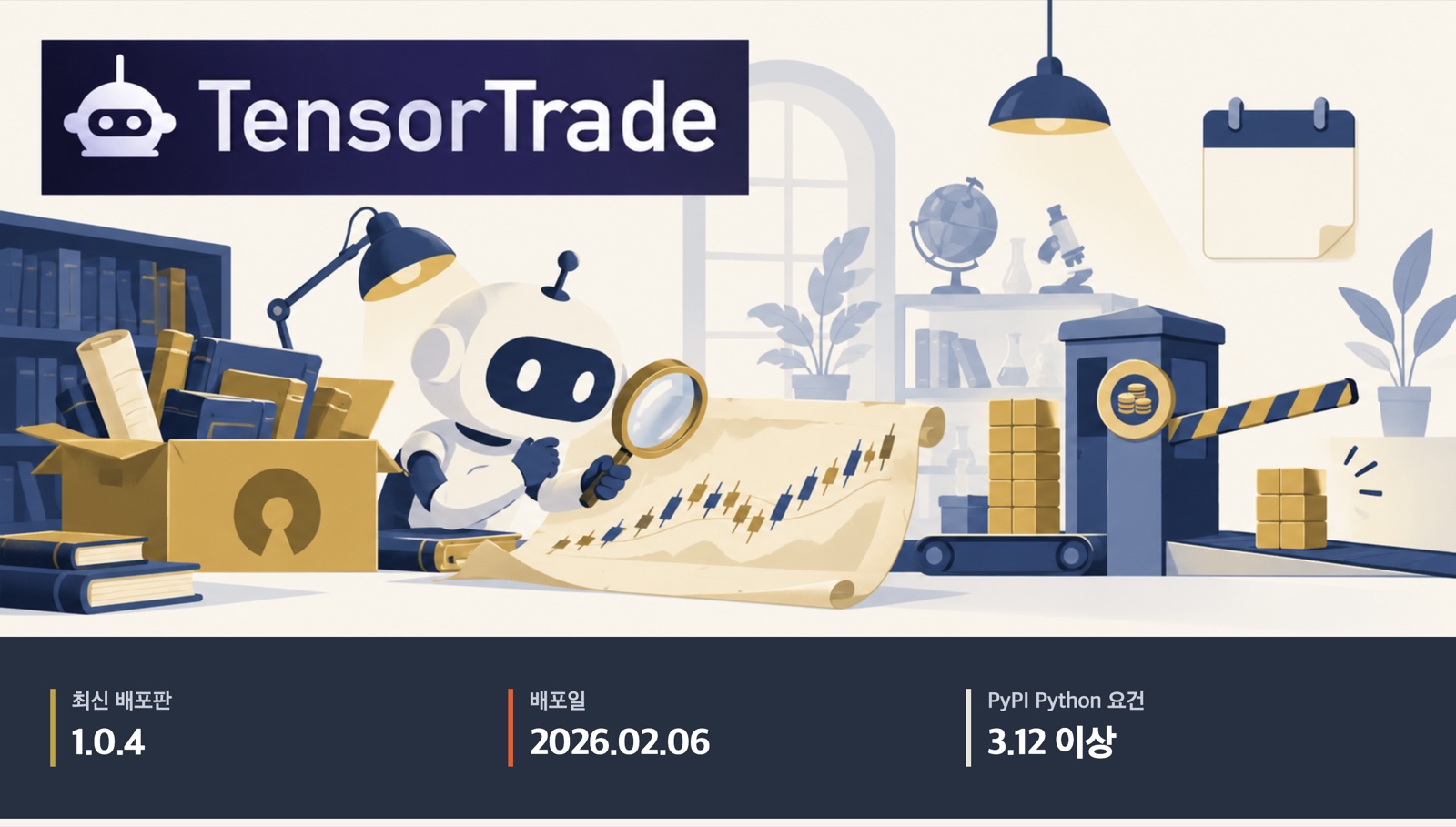 텐서트레이드 로고 아래 로봇이 실험용 시세 차트를 읽고 수수료 관문이 놓인 그림. 띠에 최신 배포판 1.0.4, 배포일 2026.02.06, PyPI Python 요건 3.12 이상.