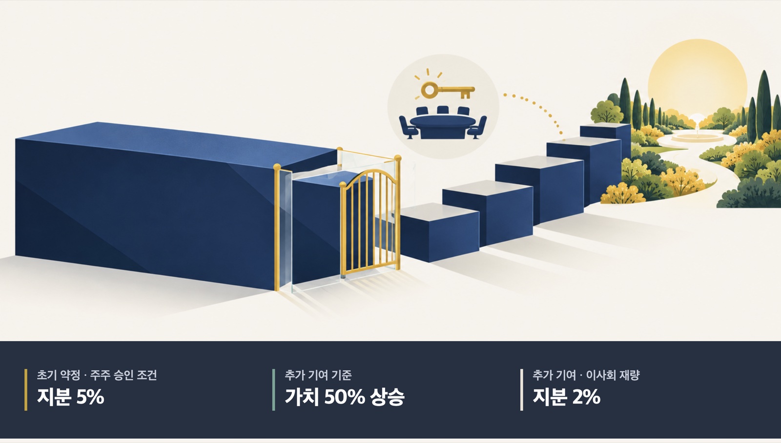 앤트로픽 공익펀드의 조건부 지분 약정 상징 그림. 초기 지분 5%는 주주 승인 조건, 가치 50% 상승마다 추가 2%는 이사회 재량.