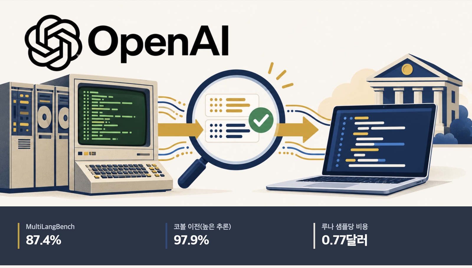 오래된 프로그래밍 언어 코드를 현대 언어로 옮기는 흐름을 나타낸 일러스트. MultiLangBench 평균 87.4%, 코볼 이전 97.9%, 루나 샘플당 0.77달러.