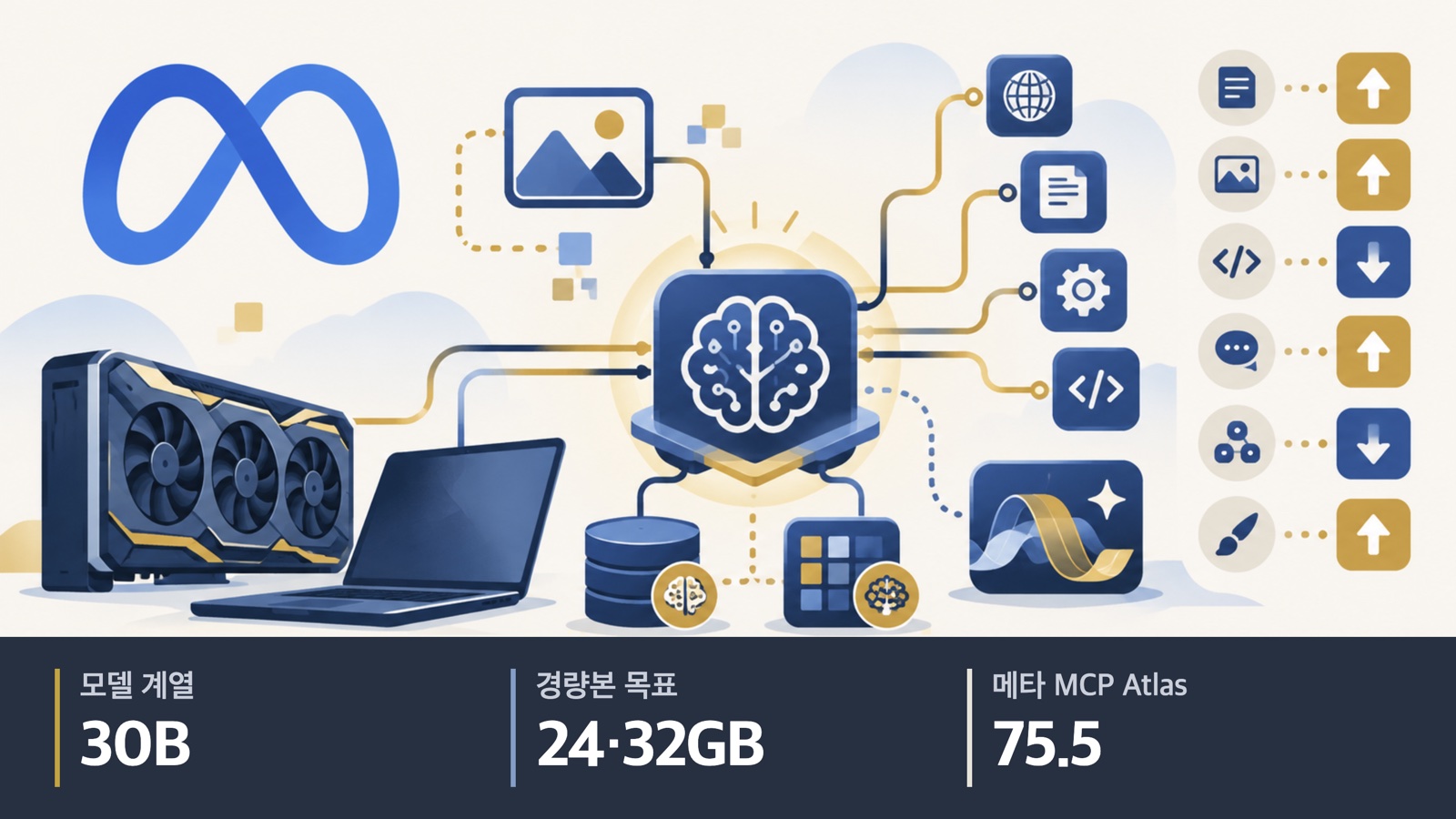 로컬 장치에서 도구를 쓰는 뮤즈 글리머 AI 일러스트. 모델 계열 30B, 경량본 목표 24·32GB, 메타 자체 평가 MCP Atlas 값 75.5.