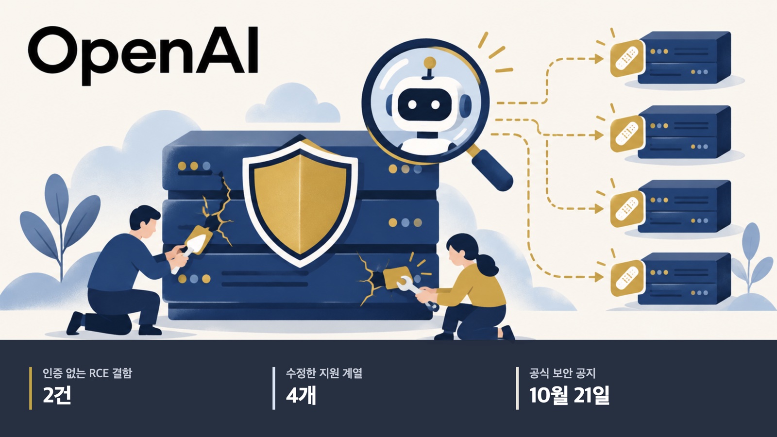웹 서버를 점검하고 패치하는 사람과 AI 보조 도구의 상징 그림. 인증 없는 RCE 결함 2건, 수정 지원 계열 4개, 공식 공지 2026년 10월 21일.