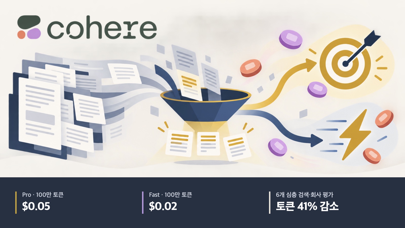 검색 문서에서 관련 구간을 고르는 상징 그림. 100만 토큰당 Pro 0.05달러·Fast 0.02달러, 6개 심층 검색 회사 평가의 토큰 41% 감소.