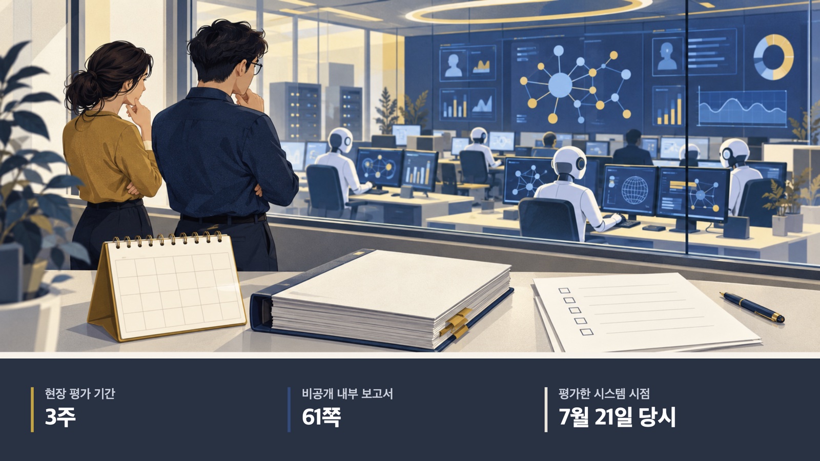 과거 에이전트 감시 체계를 점검하는 외부 연구진의 상징 그림. 현장 평가 3주, 내부 보고서 61쪽, 평가 대상은 7월 21일 당시까지의 시스템.
