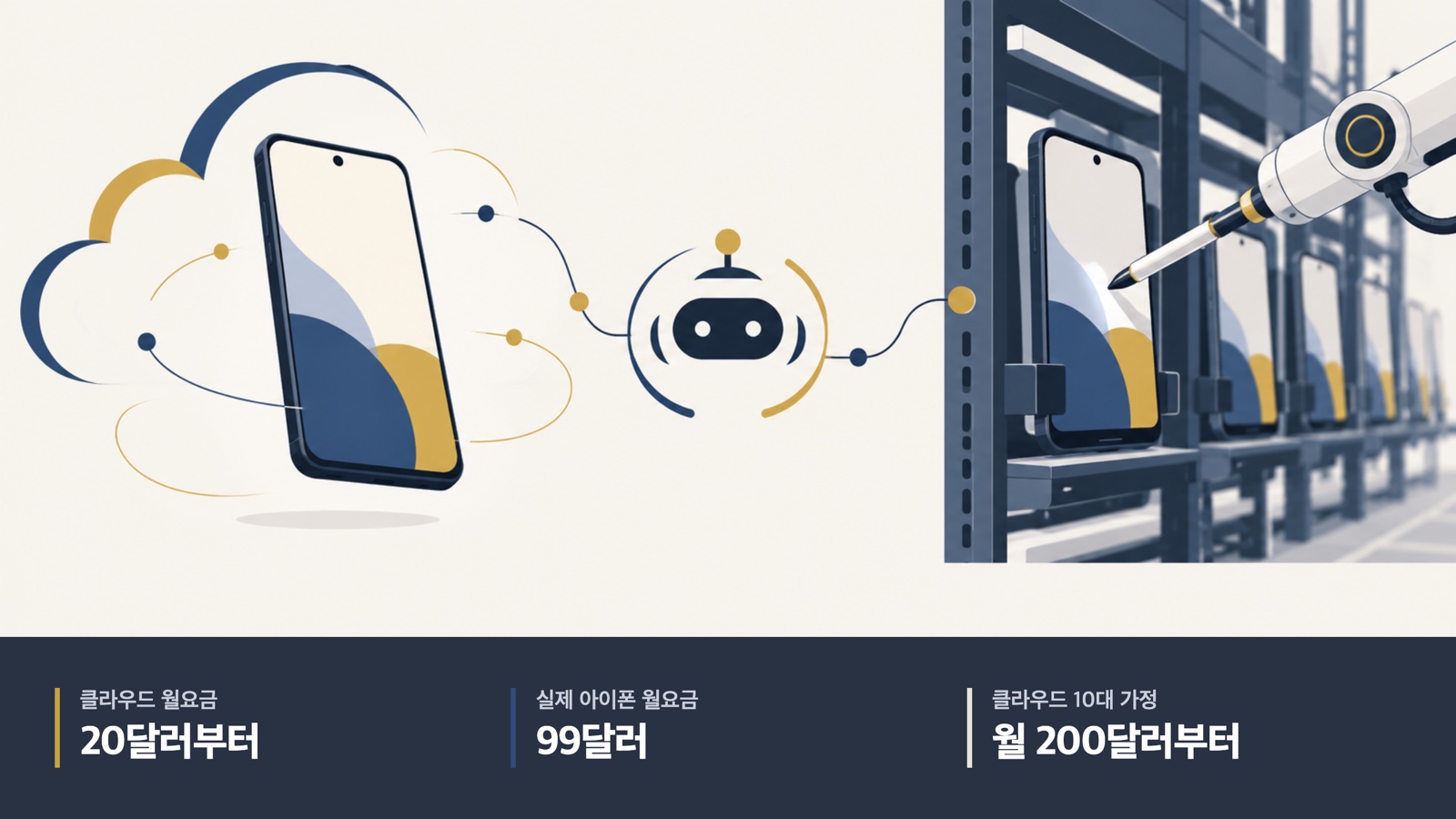 클라우드 Android와 실제 스마트폰을 쓰는 에이전트의 상징 그림. 월 단말료 20달러부터·실제 아이폰 99달러, 클라우드 10대 가정 월 최소 200달러.