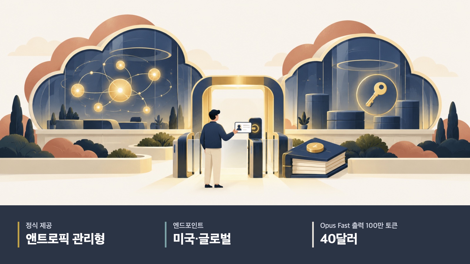 두 클라우드의 인증과 청구·관리 주체를 구분하는 상징 그림. 앤트로픽 관리형 정식 제공, 미국·글로벌 엔드포인트, Opus Fast 출력 100만 토큰 40달러.
