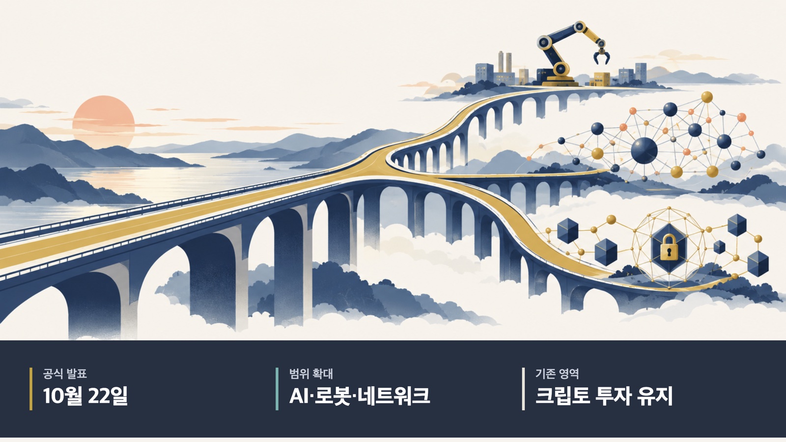크립토 투자를 유지하며 AI·로봇·네트워크로 넓어지는 투자 범위를 상징한 AI 일러스트. 공식 발표 10월 22일.