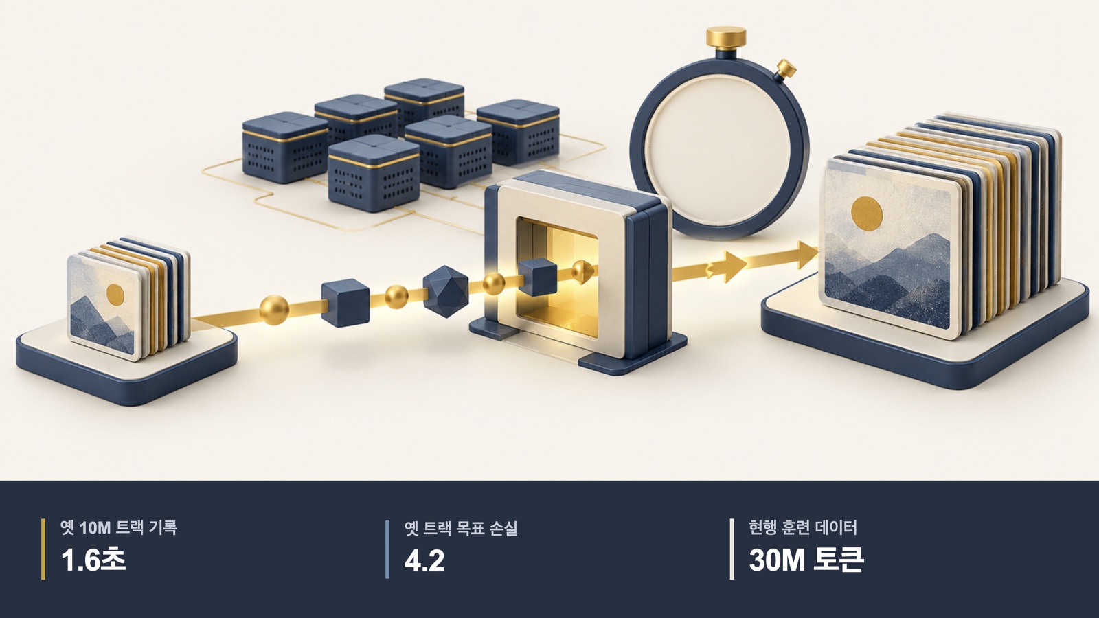 역전파 없는 학습 연구를 상징한 AI 일러스트. 연구팀의 옛 1천만 토큰 트랙 기록 1.6초, 목표 검증 손실 4.2, 현행 훈련 데이터 3천만 토큰.