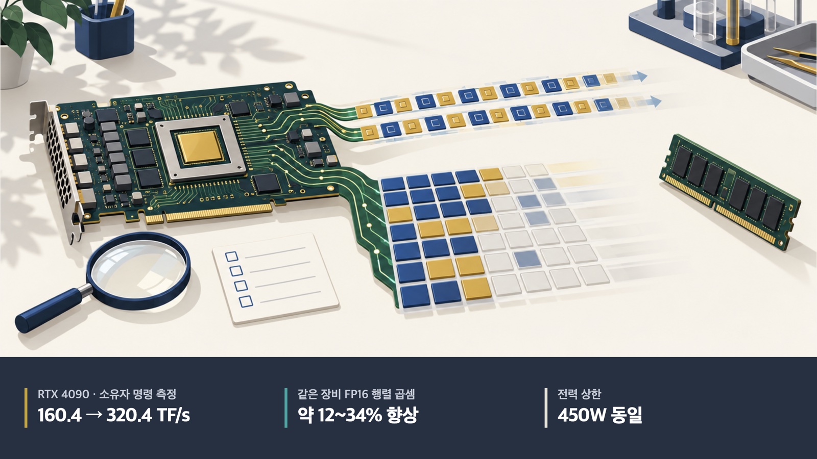 GPU 연산과 행렬 곱셈을 나눈 일러스트. 소유자 RTX 4090 FP16/FP32 명령 측정 160.4에서 320.4 TF/s, 같은 장비 FP16 행렬 곱셈 약 12~34% 향상, 전력 상한 450W 동일.