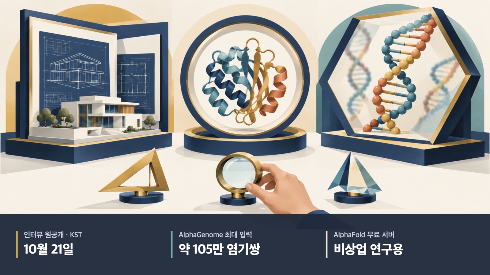 건축·단백질·DNA 분야별 도구를 비교하는 상징 그림. 원인터뷰 10월 21일 KST, AlphaGenome 최대 약 105만 염기쌍, AlphaFold 무료 서버는 비상업 연구용.