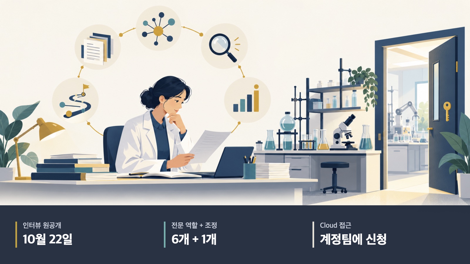 과학자와 가상 연구 조력자를 그린 상징 그림. 원인터뷰 10월 22일, 전문 역할 6개와 조정 1개, Cloud 접근은 계정팀 신청.