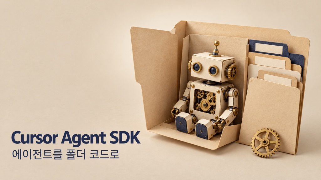 Cursor Agent SDK가 에이전트를 폴더 하나의 코드로 정의하는 방식을 상징하는 열린 폴더, 작은 태엽 로봇, 파일 탭