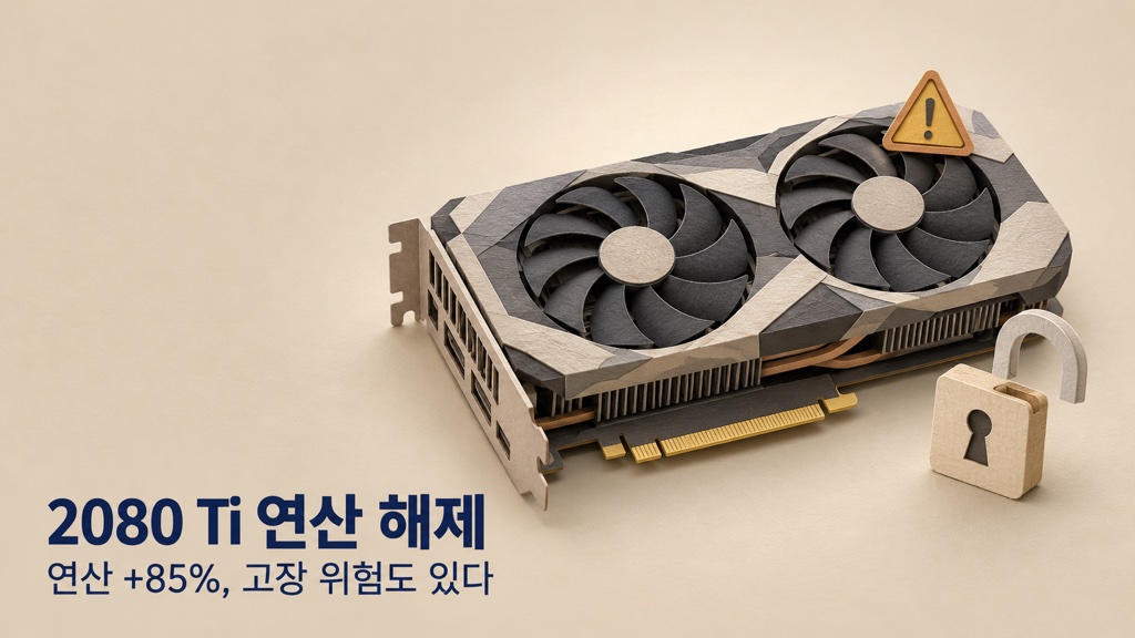 KohakUnlock이 보여 준 RTX 2080 Ti 텐서 연산 제한 해제 연구와 하드웨어 위험을 상징하는 그래픽 카드, 열린 자물쇠, 주의 삼각형