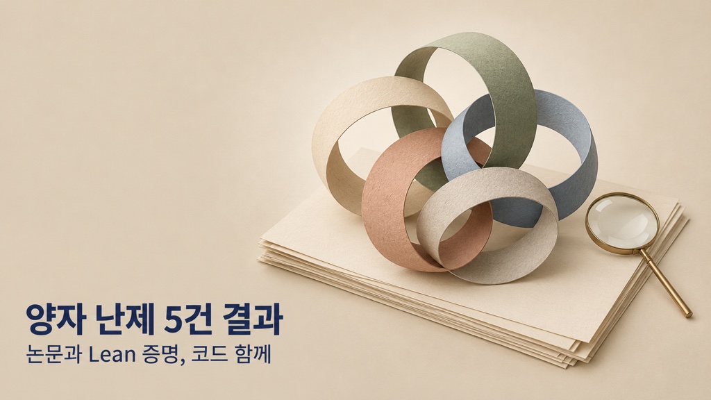 PSI가 양자정보 미해결 문제 다섯 건의 결과를 논문과 Lean 증명으로 낸 것을 상징하는 다섯 개의 맞물린 고리와 원고 더미