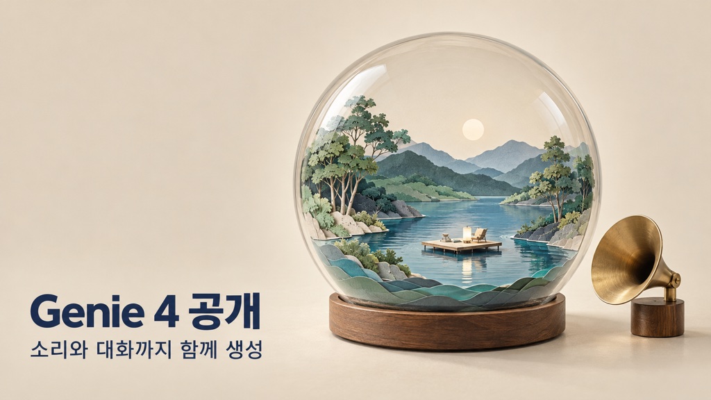 딥마인드 Genie 4를 상징하는 유리 돔 속 축소 풍경과 소리를 뜻하는 놋쇠 스피커