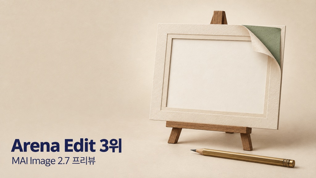 Microsoft MAI Image 2.7 이미지 편집을 상징하는 액자와 한 겹 벗겨진 그림층, 연필